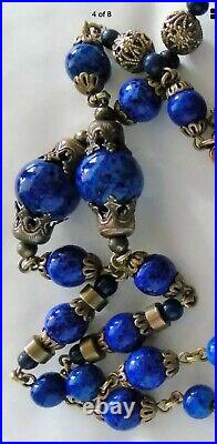 Vintage Art Deco Blue Peking Glass & Ornate Brass Filigree Necklace, Neiger