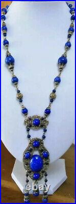Vintage Art Deco Blue Peking Glass & Ornate Brass Filigree Necklace, Neiger