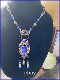 Vintage Art Deco Blue Peking Glass & Ornate Brass Filigree Necklace, Neiger