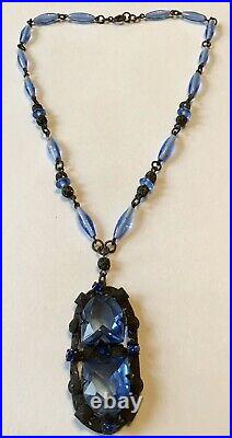 Vintage Art Deco Blue Rhinestone And Glass Bead Pendant Necklace