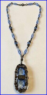 Vintage Art Deco Blue Rhinestone And Glass Bead Pendant Necklace