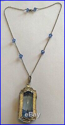 Vintage Art Deco Blue Rhinestone & Filigree Pendant Necklace