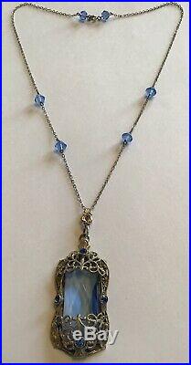Vintage Art Deco Blue Rhinestone & Filigree Pendant Necklace