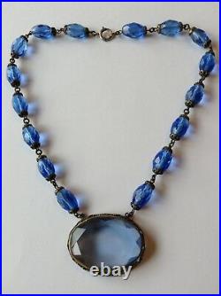 Vintage Art Deco Blue Rhinestone & Glass Bead Pendant Necklace S1