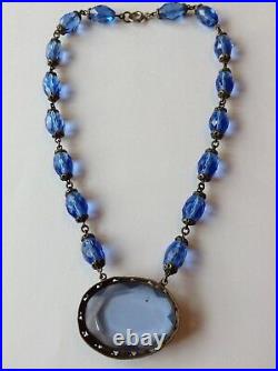 Vintage Art Deco Blue Rhinestone & Glass Bead Pendant Necklace S1