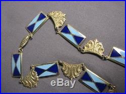 Vintage Art Deco Brass Collar Blue Enamel Panel French Style Swag Necklace