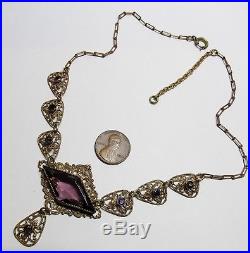 Vintage Art Deco CZECHOSLOVAKIA Czech Purple Glass Stone Flower Brass Necklace