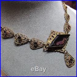 Vintage Art Deco CZECHOSLOVAKIA Czech Purple Glass Stone Flower Brass Necklace