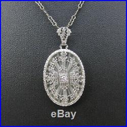 Vintage Art Deco Camphor Glass Pendant Necklace 10k White Gold. 05 ct Diamond