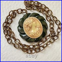 Vintage Art Deco Carved Cameo Spinach Bakelite Celluloid Link Chain Necklace