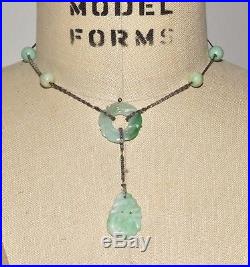 Vintage Art Deco Carved Jade Fruit Drop & Bead Sterling Silver Choker Necklace