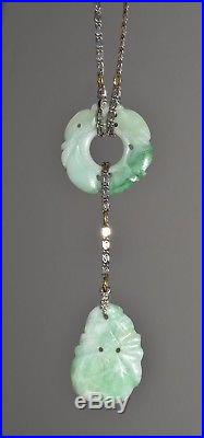 Vintage Art Deco Carved Jade Fruit Drop & Bead Sterling Silver Choker Necklace