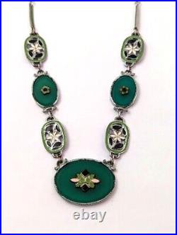 Vintage Art Deco Chalcedony Necklace with Enamel, 1930's Vintage Jewelry