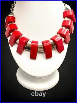 Vintage Art Deco Cherry Red Bakelite Chrome Fringe Collar Statement Necklace