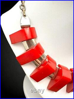 Vintage Art Deco Cherry Red Bakelite Chrome Fringe Collar Statement Necklace