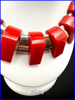 Vintage Art Deco Cherry Red Bakelite Chrome Fringe Collar Statement Necklace