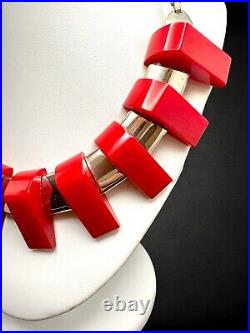 Vintage Art Deco Cherry Red Bakelite Chrome Fringe Collar Statement Necklace