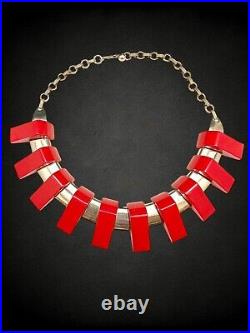 Vintage Art Deco Cherry Red Bakelite Chrome Fringe Collar Statement Necklace