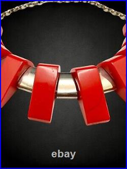 Vintage Art Deco Cherry Red Bakelite Chrome Fringe Collar Statement Necklace