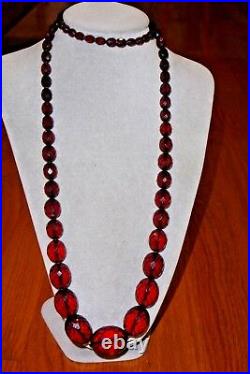 Vintage Art Deco Cherry Red Baltic Amber Faceted Bead Huge 96 Gr Necklace 40'