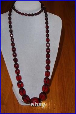 Vintage Art Deco Cherry Red Baltic Amber Faceted Bead Huge 96 Gr Necklace 40'