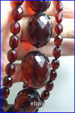 Vintage Art Deco Cherry Red Baltic Amber Faceted Bead Huge 96 Gr Necklace 40'