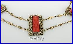 Vintage Art Deco Chinese Carved Coral Gilt Filigree Necklace