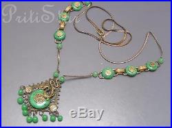 Vintage Art Deco Chinese Dragon Peking Glass Brass Pendant Necklace