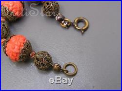 Vintage Art Deco Chinese Molded Coral Glass Gold Gilt Filigree Pendant Necklace