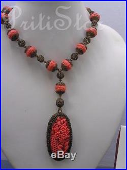 Vintage Art Deco Chinese Molded Coral Glass Gold Gilt Filigree Pendant Necklace