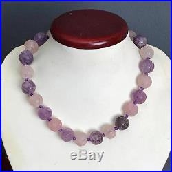 Vintage Art Deco Chinese hand knotted Carved Amethyst Rose Quartz Necklace