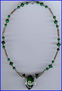 Vintage Art Deco Chrome & Green Glass Necklace
