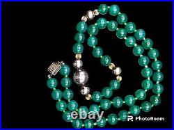 Vintage Art Deco Chrysoprase Bead Sterling Silver Strand Necklace