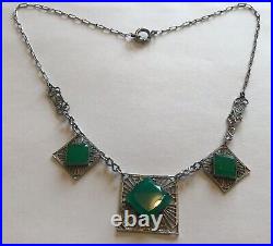 Vintage Art Deco Chrysoprase Rhinestone Pendant Necklace