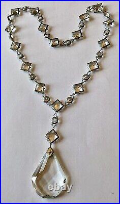 Vintage Art Deco Clear Open Back Crystal Paste Pendant Necklace C1