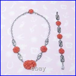 Vintage Art Deco Coral Pink Glass Enamel Silver Necklace Bracelet Set