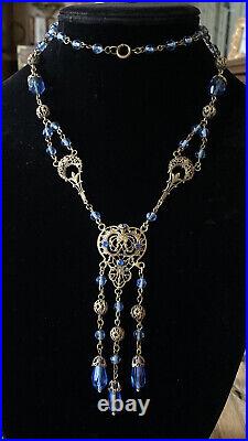 Vintage Art Deco Crystal Beads and Brass Filigree Necklace