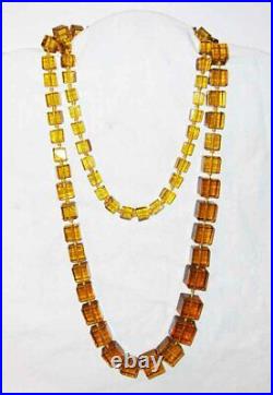 Vintage Art Deco Czech 40 Glass Bead Necklace Cut Glass Cube Gold Amber Knoted