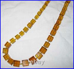 Vintage Art Deco Czech 40 Glass Bead Necklace Cut Glass Cube Gold Amber Knoted