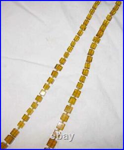 Vintage Art Deco Czech 40 Glass Bead Necklace Cut Glass Cube Gold Amber Knoted