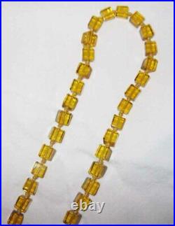 Vintage Art Deco Czech 40 Glass Bead Necklace Cut Glass Cube Gold Amber Knoted