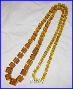 Vintage Art Deco Czech 40 Glass Bead Necklace Cut Glass Cube Gold Amber Knoted