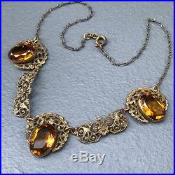 Vintage Art Deco Czech Amber Glass Filigree Brass Pendant Necklace