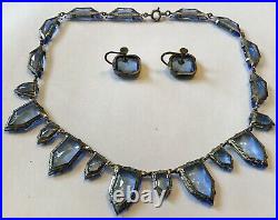 Vintage Art Deco Czech Blue & Open Back Rhinestone Necklace & Earrings