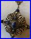 Vintage Art Deco Czech Blue Peking Glass and Ornate Brass Pendant Necklace