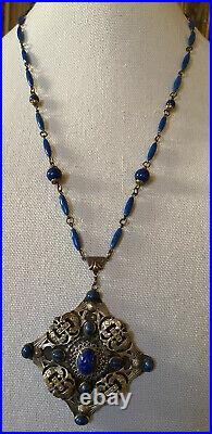 Vintage Art Deco Czech Blue Peking Glass and Ornate Brass Pendant Necklace