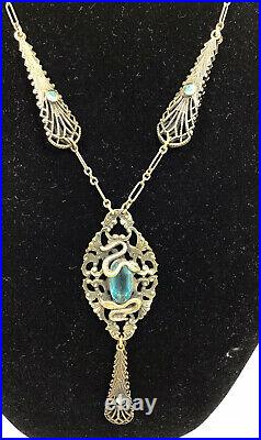 Vintage Art Deco Czech Blue Stone Snake Necklace