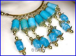 Vintage Art Deco Czech Blue Turquoise Glass Filigree Fringle Tassel Necklace