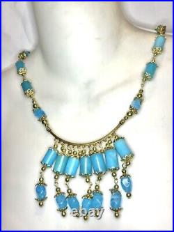 Vintage Art Deco Czech Blue Turquoise Glass Filigree Fringle Tassel Necklace