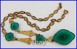 Vintage Art Deco Czech Brass, Chrysoprase Green Glass. And Enamel Necklace